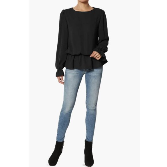 Zenana Blouse Size L Black Long Puff Sleeve Ruffle Peplum Blouse - Picture 8 of 8